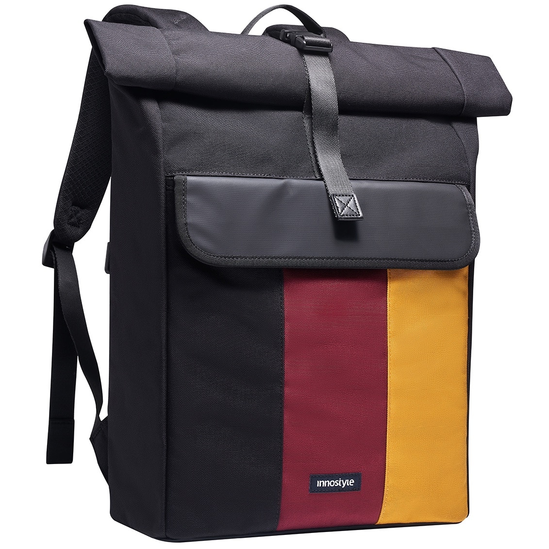 Rucsac pentru Laptop Innostyle® CityTrek Elite, Pana la 15,6" si 16" si 156 Capacitate Reglabila 18-25L, Material Rezistent CORDURA 1050, Impermeabil, Sistem de Ventilatie Spate, Negru-Rosu-Galben