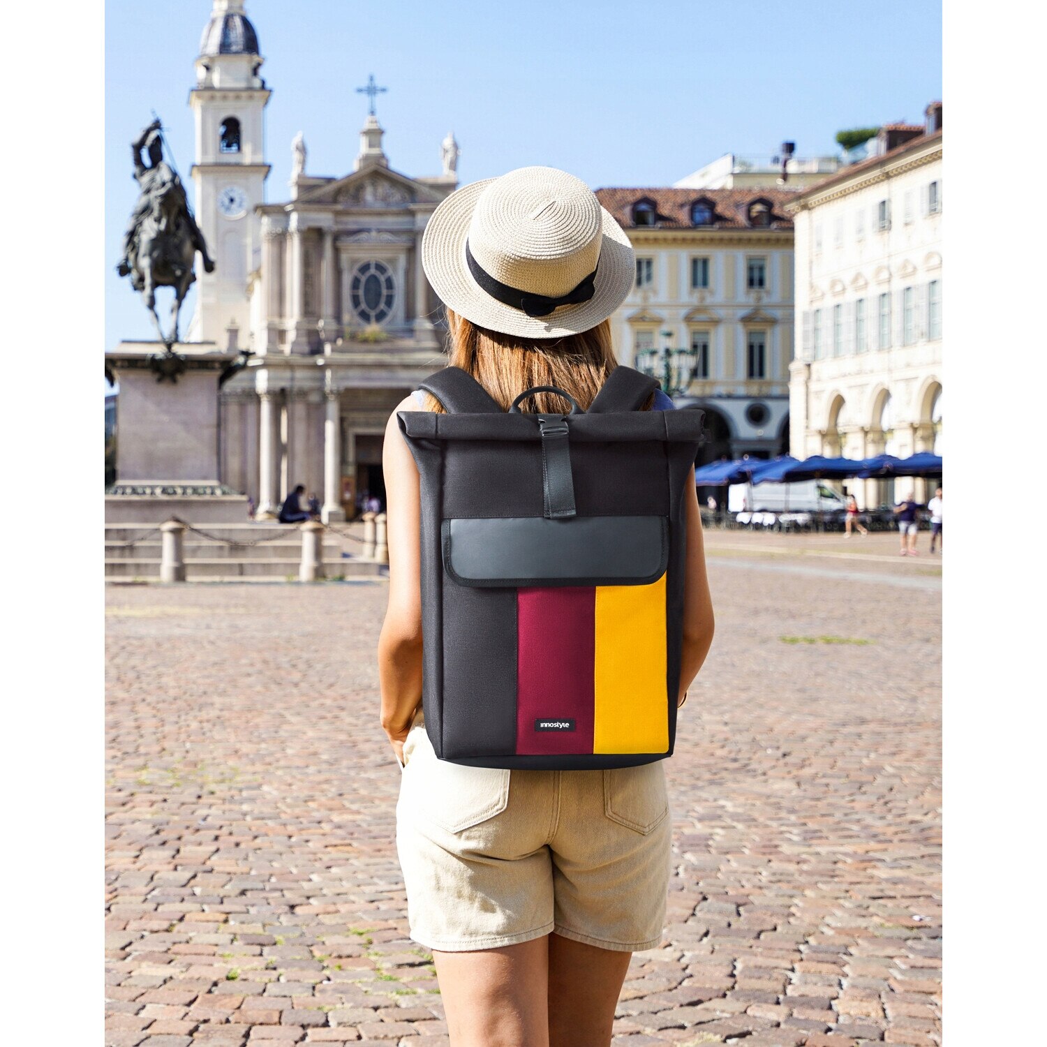 Rucsac pentru Laptop Innostyle® CityTrek Elite, Pana la 15,6" si 16" si 156 Capacitate Reglabila 18-25L, Material Rezistent CORDURA 1050, Impermeabil, Sistem de Ventilatie Spate, Negru-Rosu-Galben