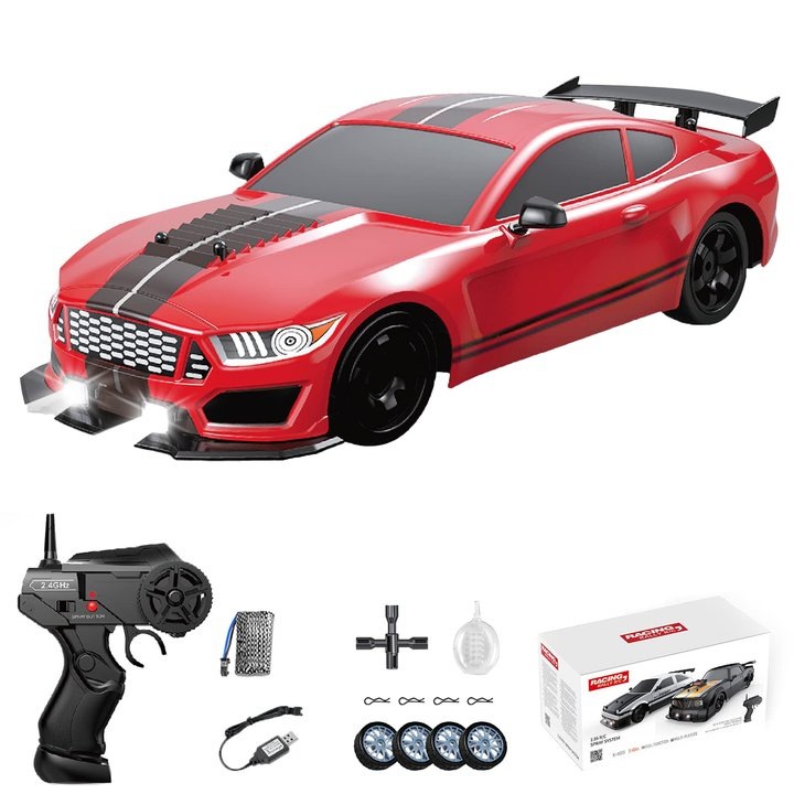 Masina cu telecomanda, tractiune integrala, lumini LED, baterii reincarcabile, anvelope interschimbabile, 1 set de baterii, 18,5x8x6cm, rosu/negru