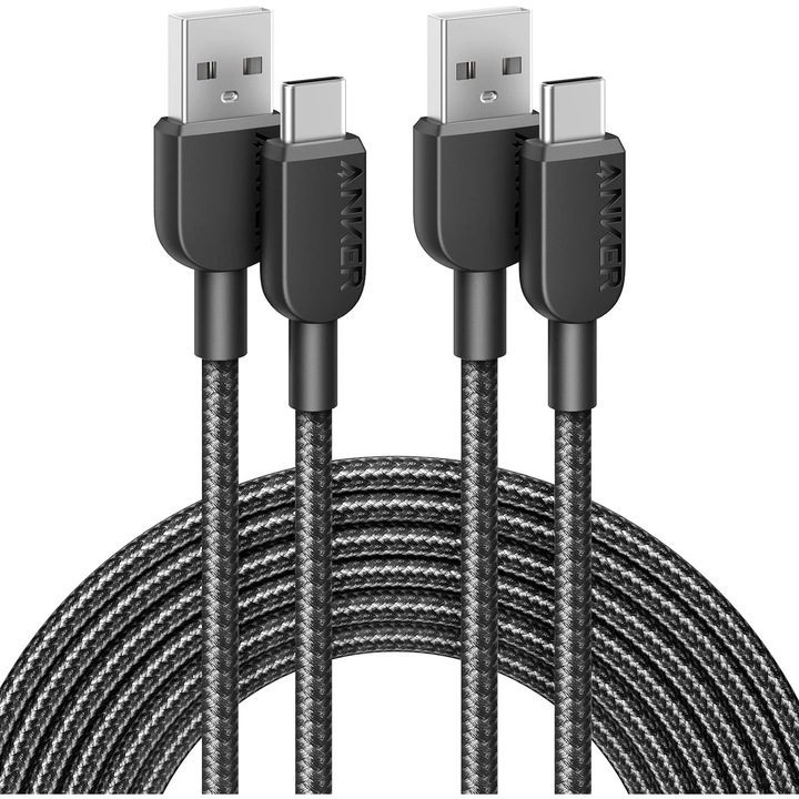 Cablu de Date si Incarcare Anker 310 (Set de 2, 300 cm), USB la USB-C, Incarcare Rapida pana la 15W, Nylon, Negru