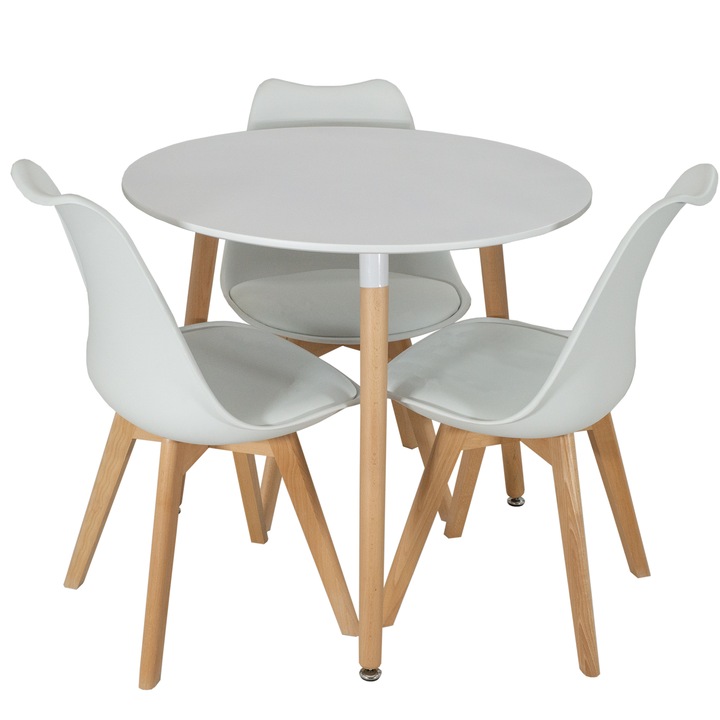Set masa Salzburg alba cu 3 scaune Stockholm albe, DENVER, blat MDF alb, forma rotunda, 80x74 cm