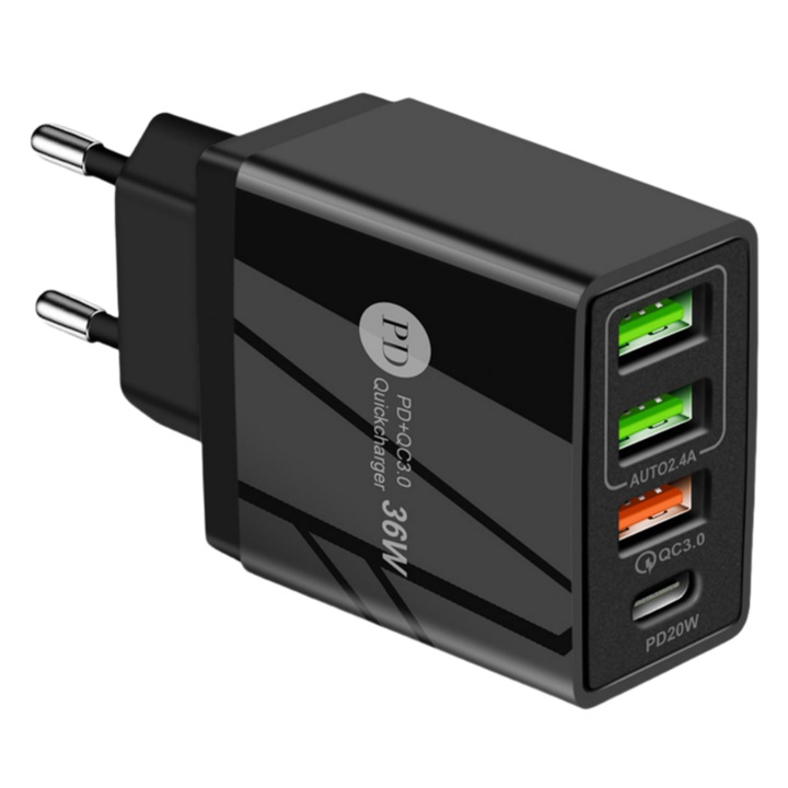 Hálózati töltő, 4 port, 36 W gyorstöltés, 1 x Type-C, 3 x USB, kompatibilis iPhone, Huawei, Samsung, enkourakoko, fekete