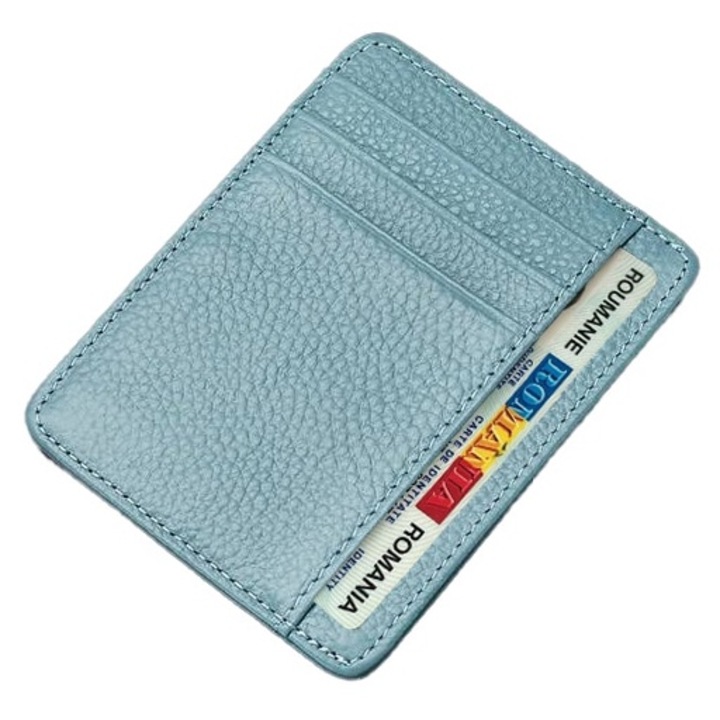 Portofel slim Natty Pell pentru carduri, buletin, bani, permis auto cu capacitate 8 carduri + 1 compartiment bancnote, Piele naturala, Albastru