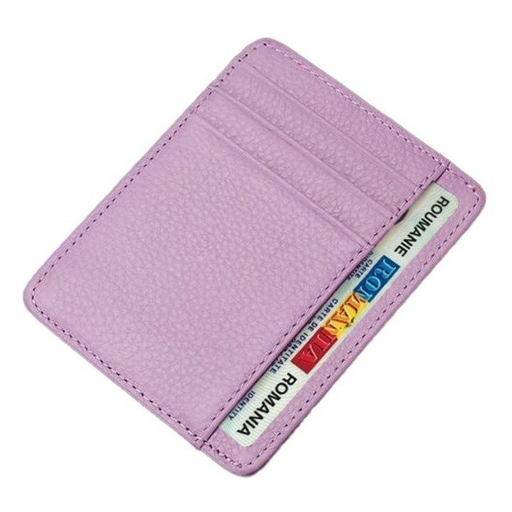 Portofel slim Natty Pell pentru carduri, buletin, bani, permis auto cu capacitate 8 carduri + 1 compartiment bancnote, Piele naturala, Mov