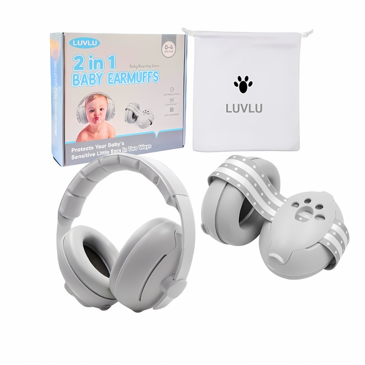 2 в 1 шумопотискащи слушалки за бебета и деца до 48 месеца, регулируеми, безопасни и удобни, без натиск върху фонтанелата, мека еластична лента за глава + превъзходен класически, конвертируем модел, шумопотискане при 25dB SNR, LUVLU™