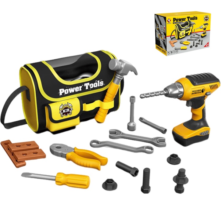 BYONDSELF® Детски комплект инструменти с електрическа бормашина/чанта за съхранение, гаечни ключове, чук, отвертки, развива креативността, въображението, 3 години+