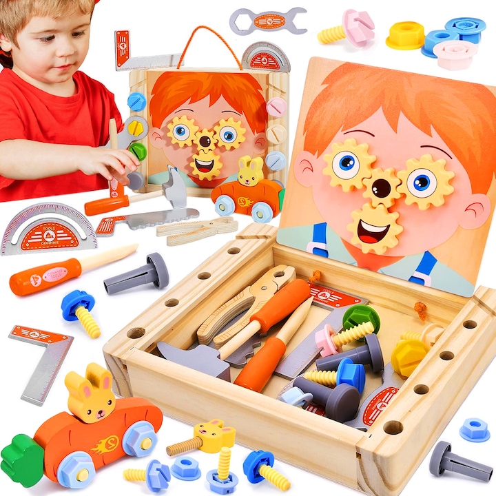 Trusa de Scule din Lemn Montessori, BYONDSELF®, 27 Piese, Dezvolta Inteligenta/Motricitatea, Jucarie Educativa, Multiple Unelte si Accesorii, pentru Copii, 3 Ani +