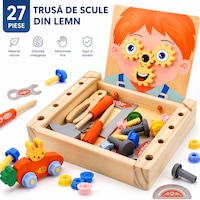 Trusa de Scule din Lemn Montessori, BYONDSELF®, 27 Piese, Dezvolta Inteligenta/Motricitatea, Jucarie Educativa, Multiple Unelte si Accesorii, pentru Copii, 3 Ani +