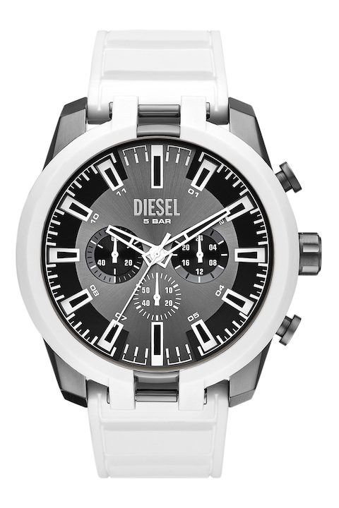 Diesel, Часовник с хронометър и силиконова каишка, Сребрист, Бял