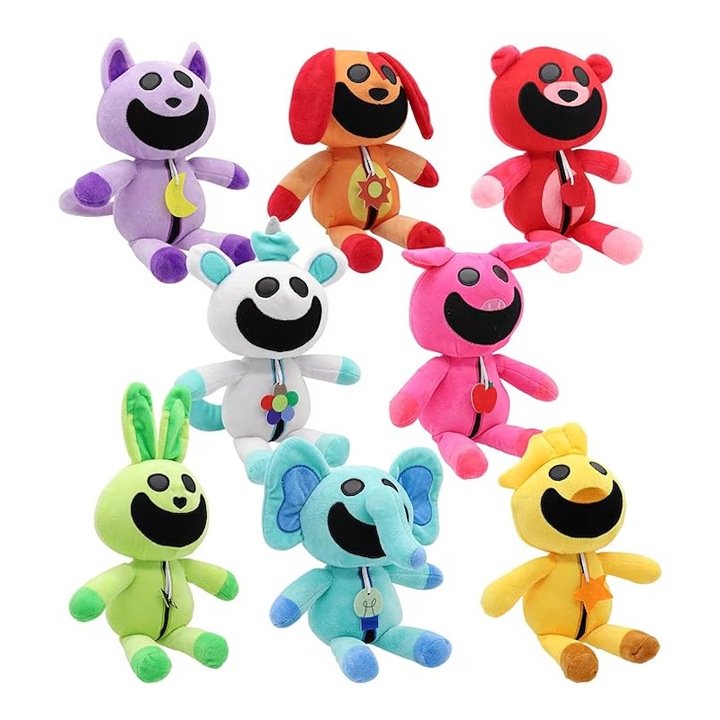 Set cu 8 jucarii de plus Virtual Trend®, The Smiling Critters, Creaturi zambitoare, Multicolor, 30 cm