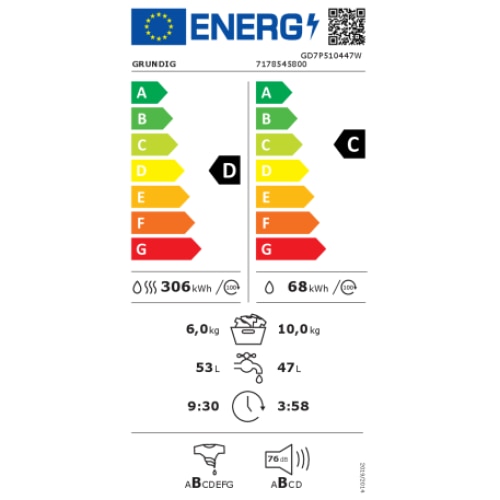 Masina De Spalat Rufe Cu Uscator Grundig GD7P510447W, Clasa D, 10/6 Kg, 1400 Rpm, EcoMotor, Alb