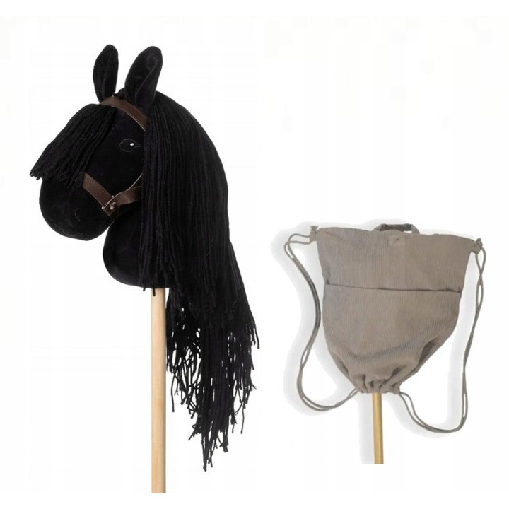 Cal de jucarie pe bat, set cu rucsac, negru, 30x15x68cm