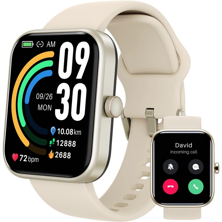 Часовник Smartwatch TOZO® S3 Bluetooth HD обаждане, 1.83” Ultra Touch, 24/7 Fitness Tracker, Монитор на сърдечната честота, SpO2 оксиметър, сън, Известия, Автономност 10 дни, Музикален плеър, метеорологично време, Силиконова каишка, Gold