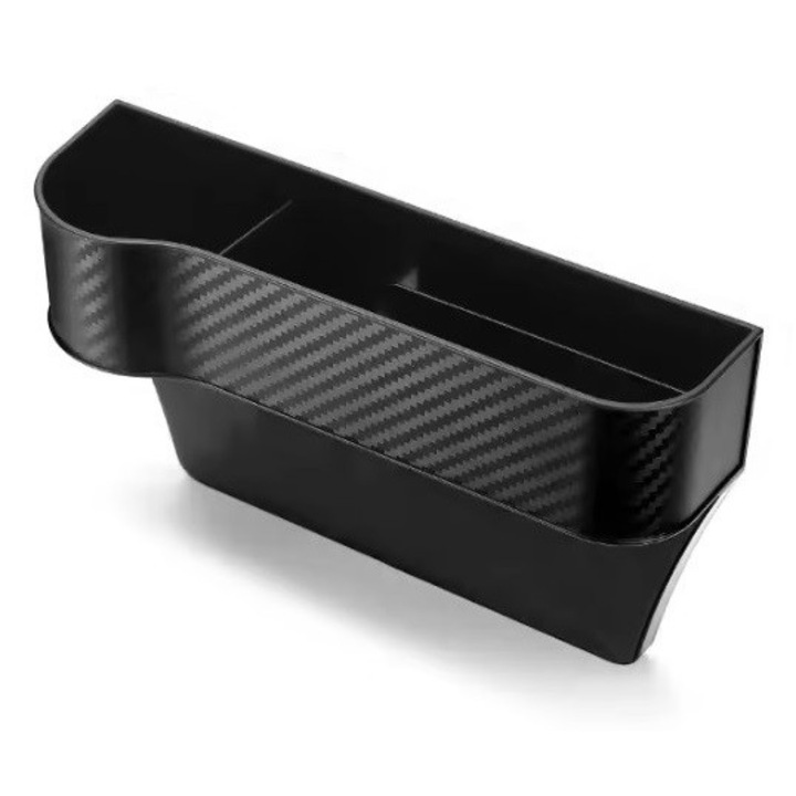 Organizator Auto Tip Buzunar de depozitare 258x164x70 mm, pentru scaunul principal (Fata Stanga), usor de instalat, din Plastic, culoare Negru (imitatie Carbon) cu Compartiment special pentru cablu de incarcator, Universal