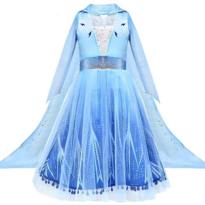 Rochie Elsa Frozen 2 pentru copii, EvrikaUnity®, Regina Ghetii, Tesatura Premium, 5-6 ani, 130 cm, Albastru Imperial