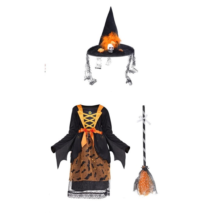 Costum de vrajitoare pentru copii, cu lumini, 3 piese, Negru/Portocaliu, 7-9 ani