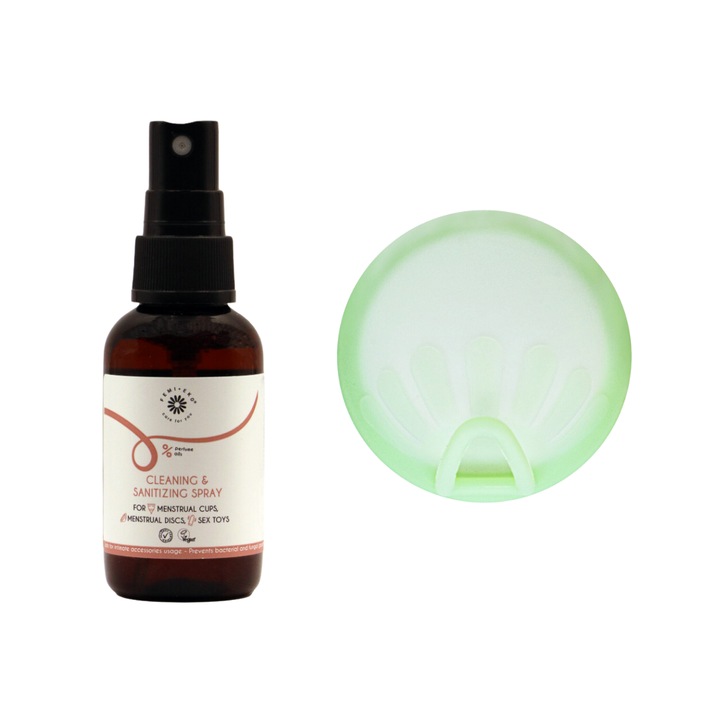Комплект за менструация Femieko, медицински силиконов менструален диск и дезинфекциращ спрей, ултра висока абсорбция, капацитет 38 ml, за многократна употреба, зелен