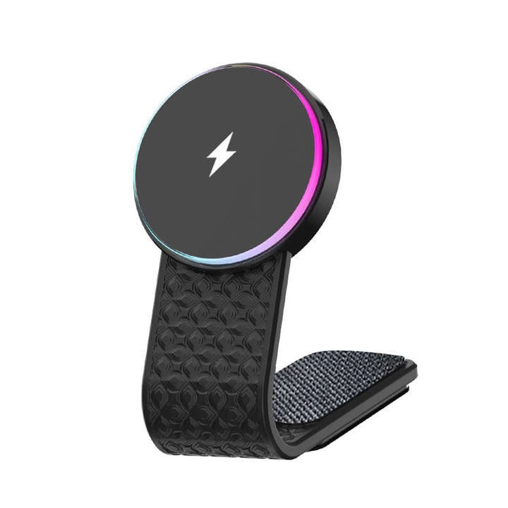 Telefontartó vezeték nélküli töltéshez, klip a szellőzőrácson, Automata indukciós klip, forgó 180, univerzális, Vaxiuja, Fekete