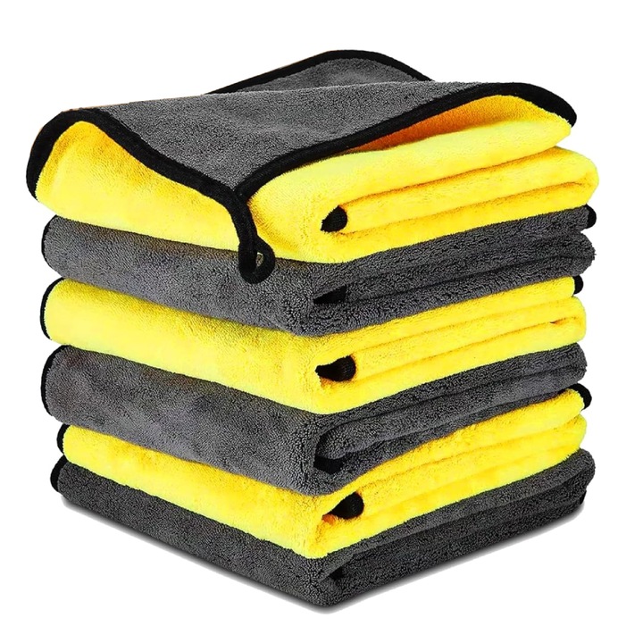 Set 6 lavete din microfibra ultra-absorbanta, 800 gsm, 40x40 cm, TopGearWorld®, pentru uscare masina si Uz Casnic, Galben-Gri