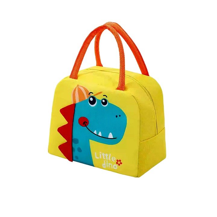 Geanta termoizolanta pentru pranz, Galben Dino, pentru copii, frigorifica pentru pastrarea termica a alimentelor, cu maner de transport, inchidere tip fermoar, 23 x 14 x 19 cm