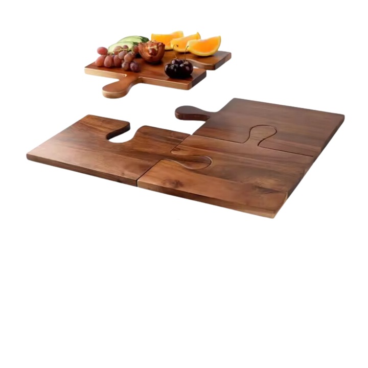 Konyhai vágódeszka, 4 db, akácfa Szett puzzle fogantyúval, tálalva, Mobleto