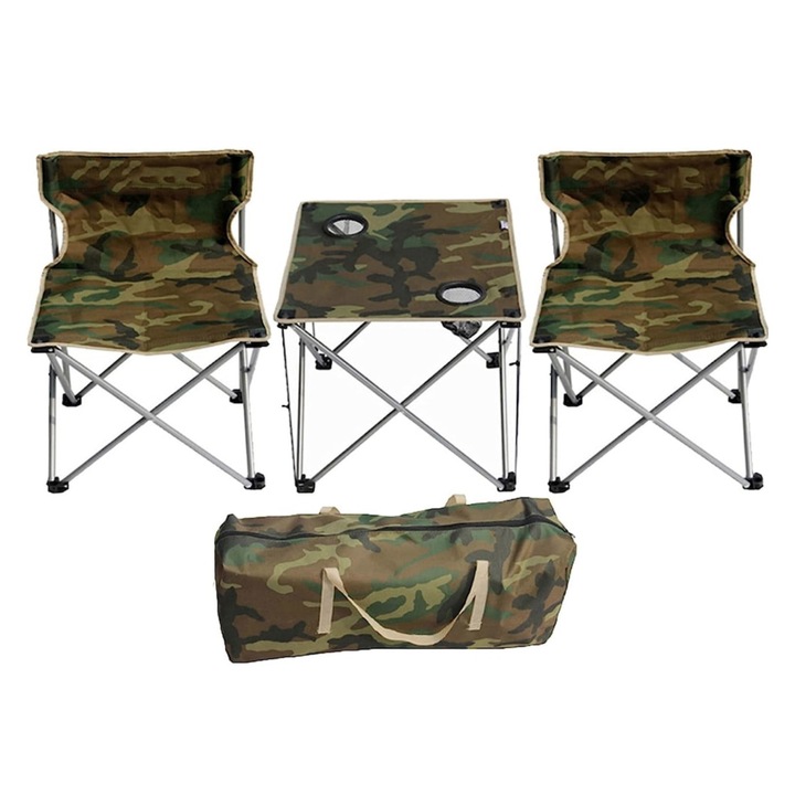 Комплект от 1 маса с 2 стола, ALG™, включена сгъваема армейска чанта за къмпинг