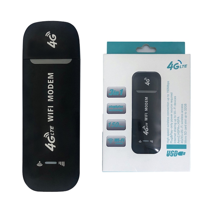 PMIXO 4G WiFi USB модем, свързване на няколко устройства, 150Mbps, черен