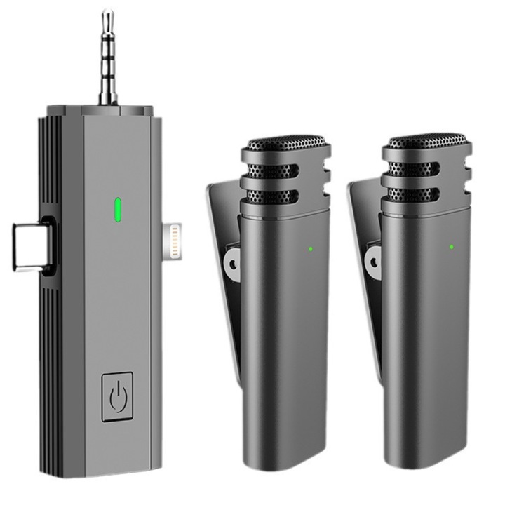 Комплект от микрофона 2 lavalier, USB C, Lightning, 3.5 жак, безжичен, акумулаторен, намаляване на шума, съвместим с телефон, лаптоп и DSLR камера, Plug and play, многопосочен запис