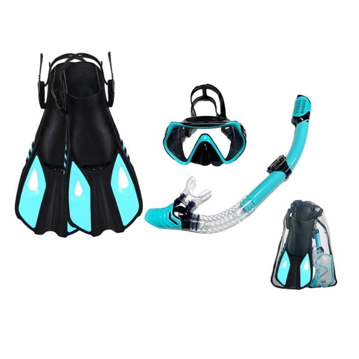 Комплект екипировка за гмуркане, За възрастни, Маска против замъгляване с панорамна гледка, шнорхел, плавници и чанта, PP и TPR, S/M 37-41
