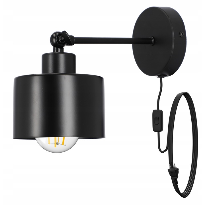 Aplica, 1x fir E27, LED, sursa de lumina inlocuibila, cablu negru, aspect modern, structura stabila, materiale de inalta calitate, lungime cablu 150 cm