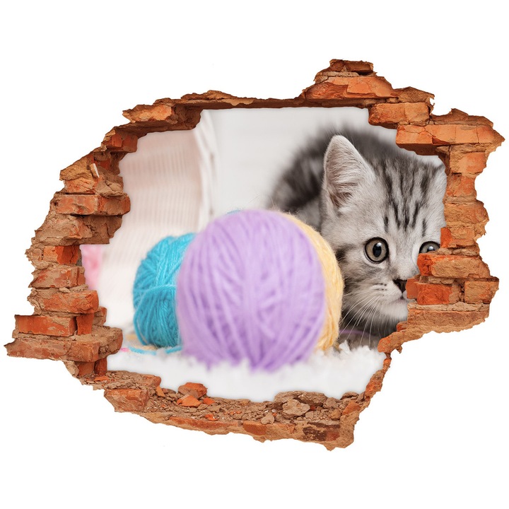 Autocolant decorativ, gaura in perete, Tulup, O pisica cu o bila de lana, Violet, 90 x 70 cm, 010120080100000005706