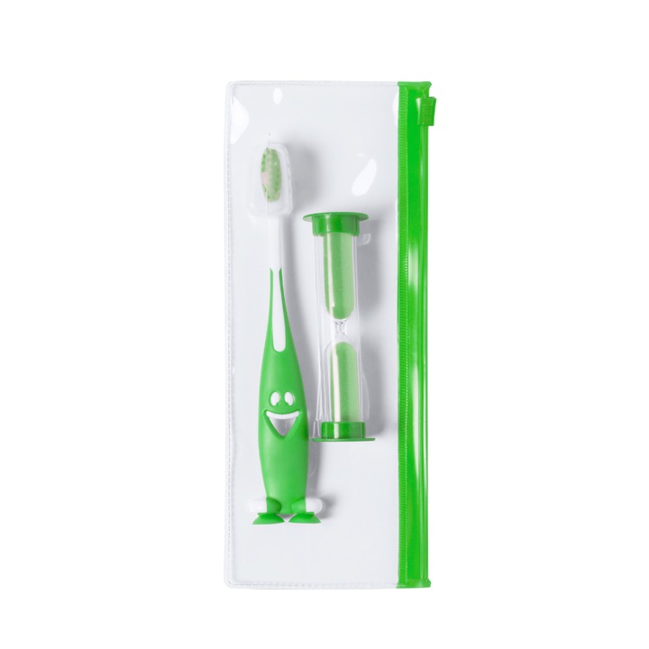 Set periuta de dinti si clepsidra pentru copii, timer 2 min, husa transparenta ziplock, plastic, Alb-Verde