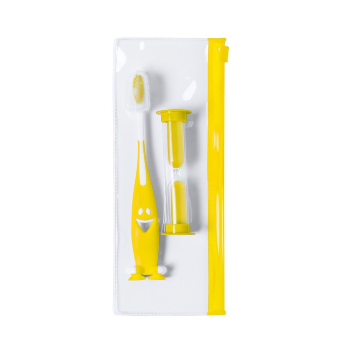 Fogkefe és homokóra készlet gyerekeknek, időzítő 2 perc, átlátszó cipzáros burkolat, műanyag, fehér-sárga