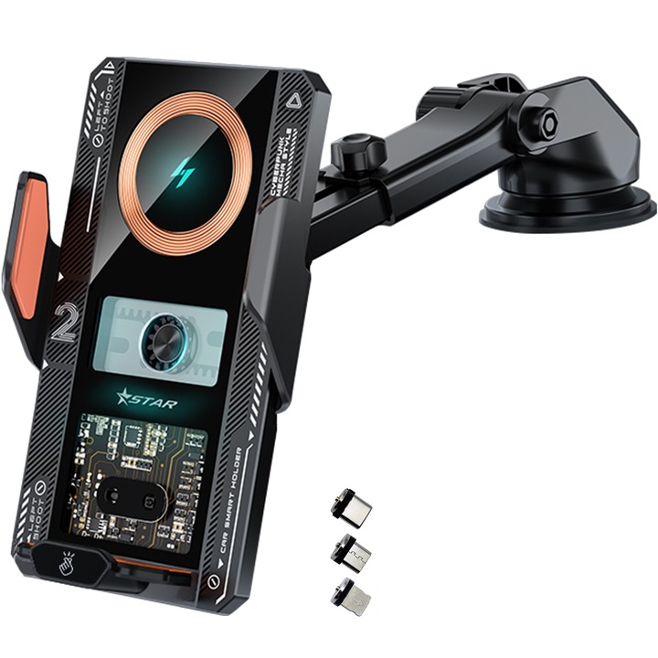 Държач за телефон за безжично зареждане, Съвместим с обикновени мобилни телефони, С околна светлина, Автоматичен индукционен захват, HouDeOS®, Mecha Style и черен