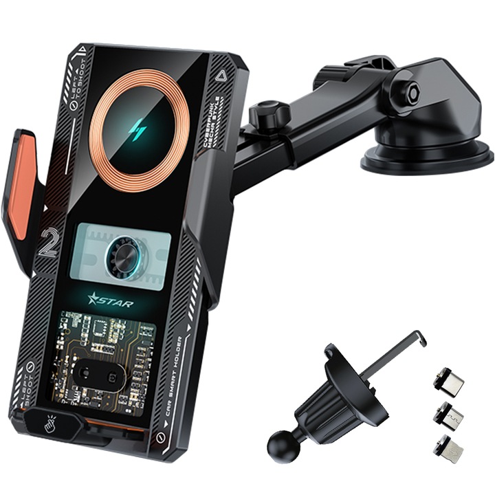 Suport telefon pentru incarcare fara fir, Compatibil cu telefoanele mobile obisnuite, Cu lumina ambientala, Prindere automata prin inductie, HouDeOS®, Stilul Mecha si Negru