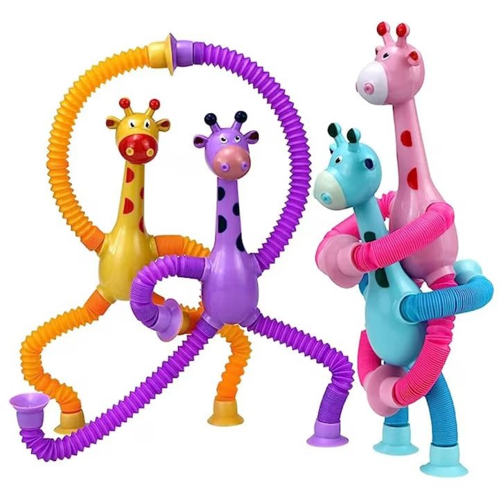 Set Jucarie Senzoriala, 4 Girafe cu Tuburi Telescopice, Multicolor, Baza cu Ventuza