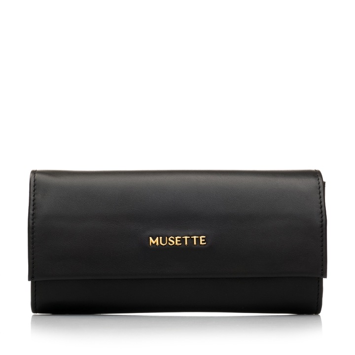 Portofel dama, Musette, EMILY, Piele naturala, 21 x 11, Negru, 21 x 11 cm