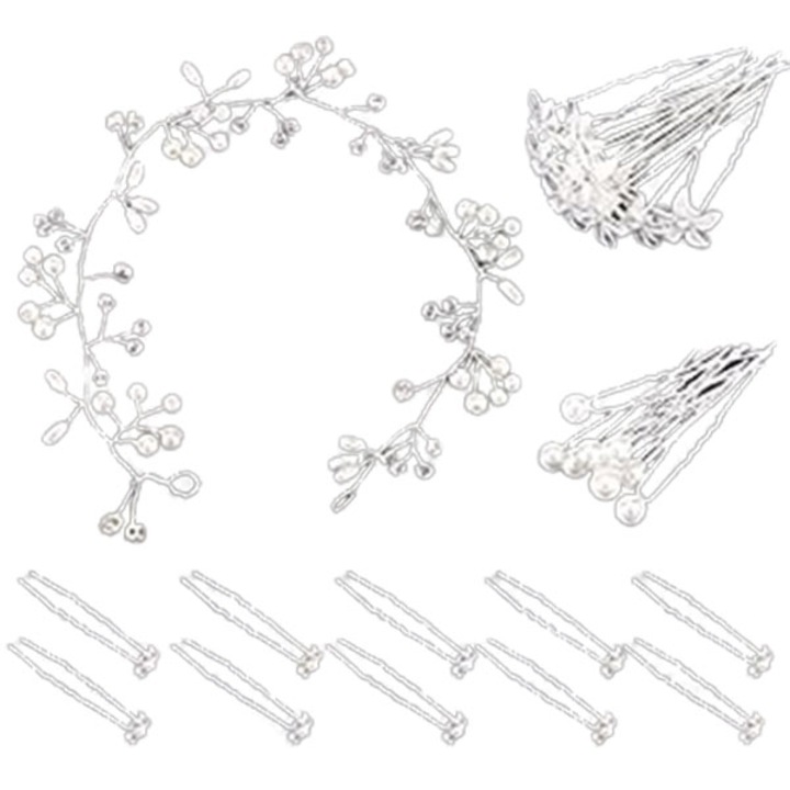 Булчински аксесоар за коса JENUOS®, Булчинска тиара с бели цветя, Изискана и елегантна, шноли за коса, Сребристо / Бяло