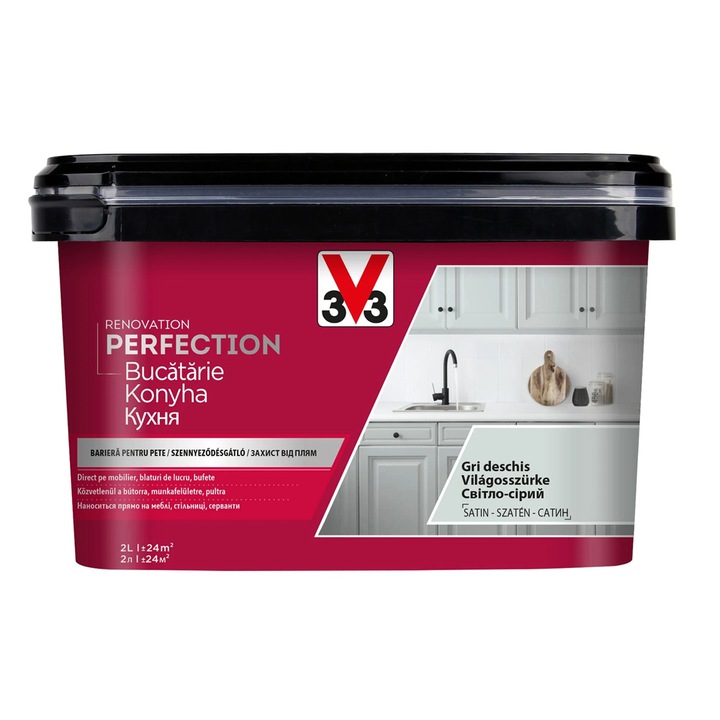 Vopsea pe baza de apa pentru bucatarie direct pe pal, melaminat, lemn masiv, plastic, aspect satinat, 2 l, gri deschis