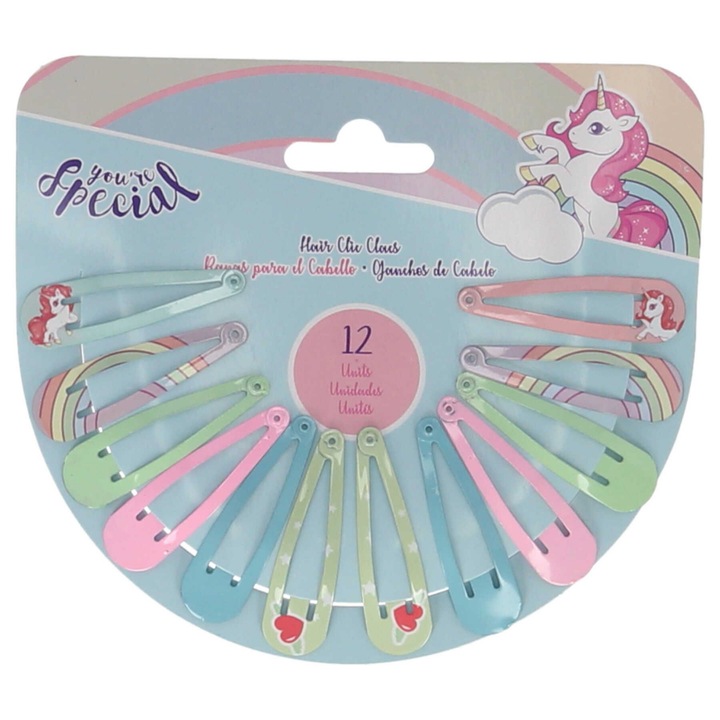 Set 12 agrafe pentru copii, Unicorn, 5,5 cm Roz