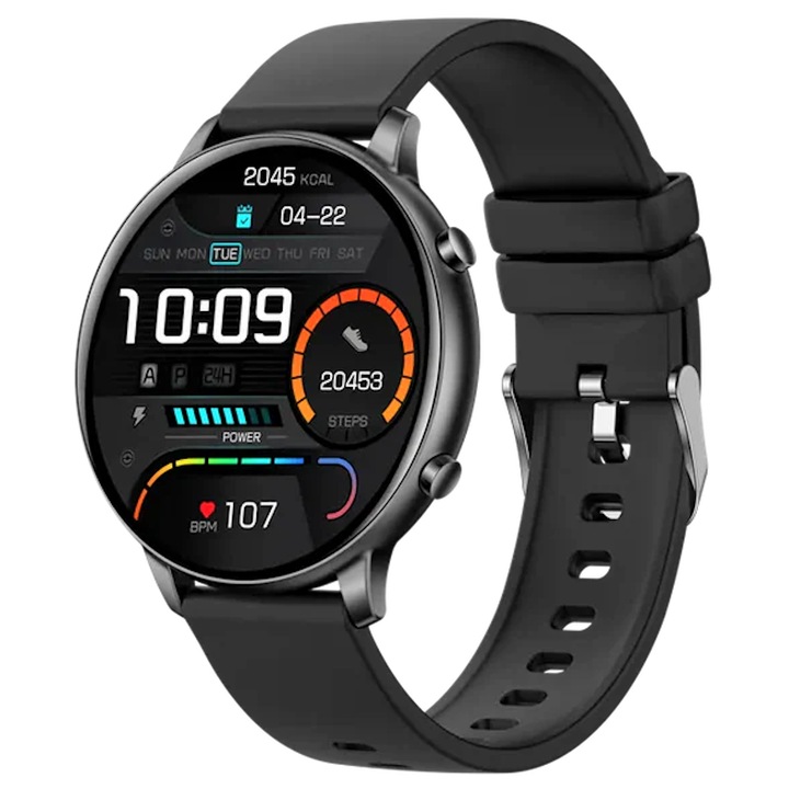 idealSTORE KooPio2 Smartwatch, Bluetooth повикване, гласов асистент, тънък алуминиев корпус, HD дисплей, 100+ спортни режима, управление на съня, наблюдение на здравето, наблюдение на дишането, цвят черен