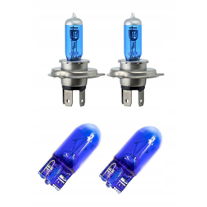 Set 4 Becuri Auto, Senso, 2xH4, 12V, 60W, Cu W5W 12V, Xenon, Sticla, Albastru