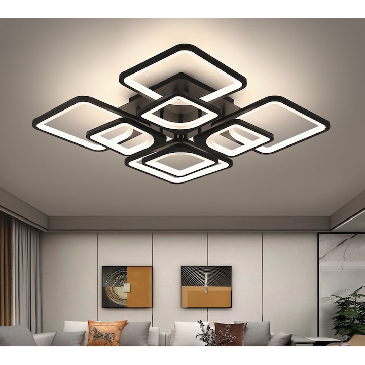 Lustra LED dimabila cu telecomanda 3 tipuri de lumina cald/neutru/rece 220W StrongLED intensitate reglabila 8 patrate, carcasa Neagra ZenLED®