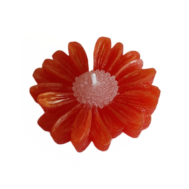 Lumanare margareta portocaliu intens cu alb, realizata manual din ceara naturala de soia