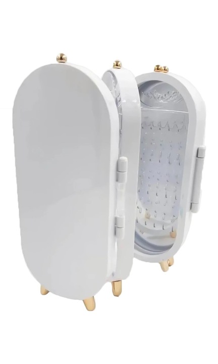 Органайзер за бижута с огледало, Zola, сгъваем, модел шкаф, бял, 23 см