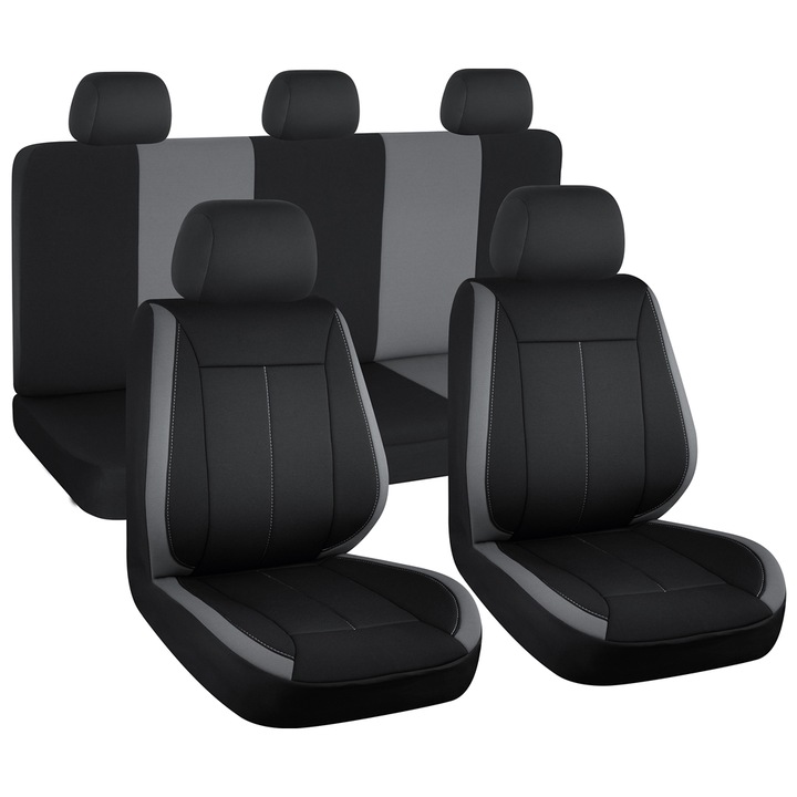 Комплект калъфи за автомобилни седалки SMARTIC, Vision, 11 части, универсални, съвместими с airbag, лесни за почистване, дишаща материя, сиви