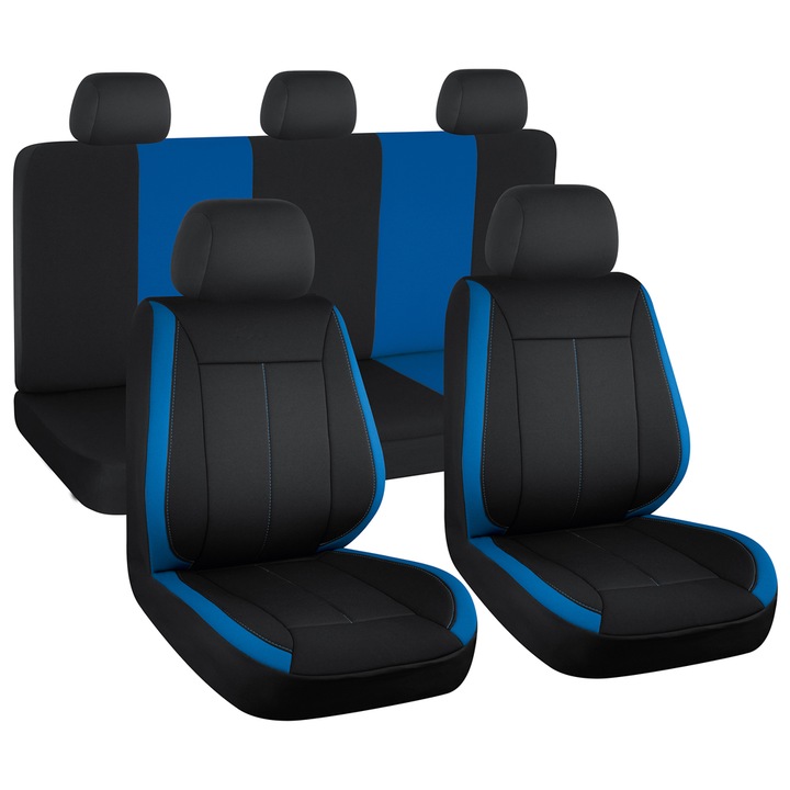 Set huse scaune auto SMARTIC®, Vision, 11 piese, universal, compatibile cu airbag, usor de curatat, material textil respirabil, albastru