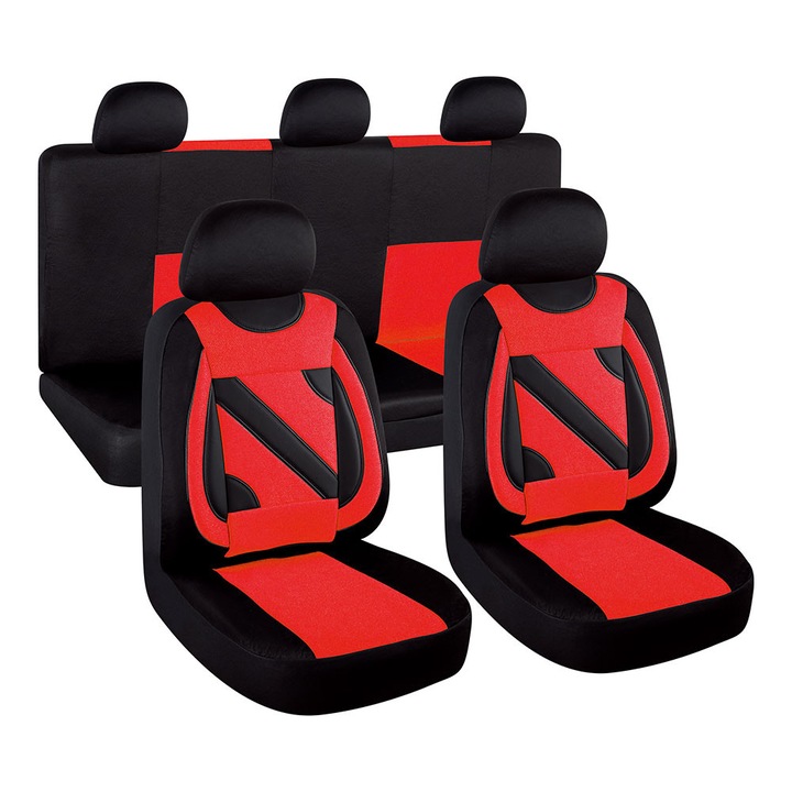 Huse scaune auto SMARTIC®, Nero, 11 piese, universal, compatibile cu airbag, usor de curatat, material textil respirabil, rosu