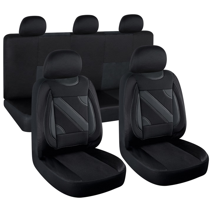 Set huse scaune auto universale auto nero negru, 11 piese, SIMPLYCAR®