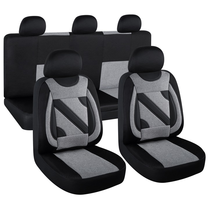 Set huse scaune auto SMARTIC®, Nero, 11 piese, universal, compatibile cu airbag, usor de curatat, material textil respirabil, gri